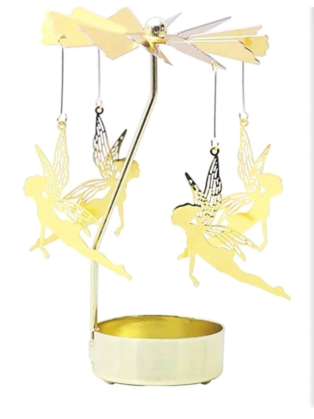 Mecela Golden Spinning Candle Holder, featuring hanging metallic fairies